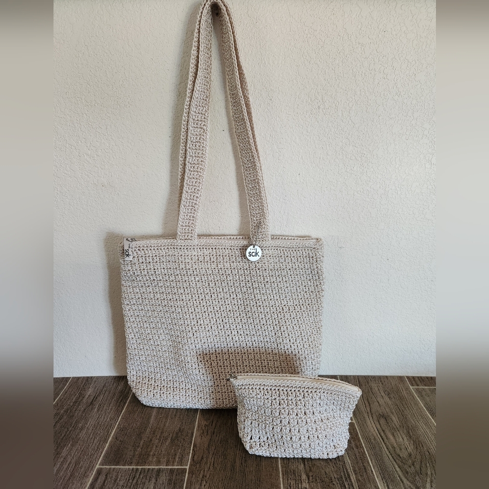 The Sak Crochet Knit Shoulder Bag and Pouch in Beige